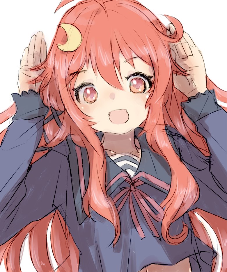 1girl, ahoge, alchera, black_ribbon, blue_sailor_collar, blue_serafuku, crescent, crescent_hair_ornament, hair_between_eyes, hair_ornament, hair_ribbon, kantai_collection, long_hair, long_sleeves, messy_hair, open_mouth, red_eyes, redhead, ribbon, sailor_collar, school_uniform, serafuku, uzuki_(kancolle), white_background