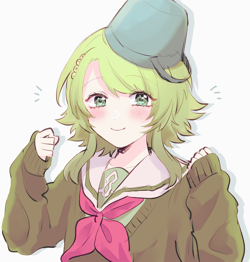 1girl, bangs, blush, bucket, bucket_on_head, dot_nose, green_eyes, green_hair