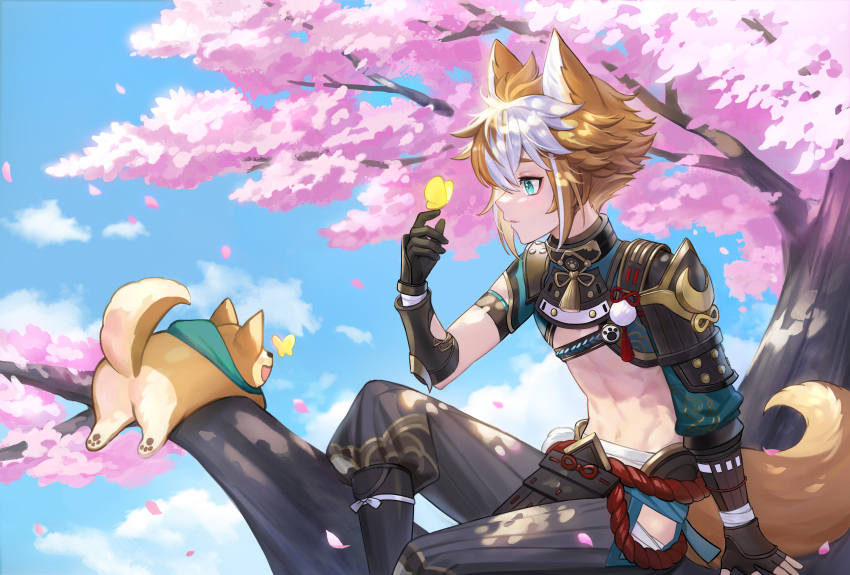 1boy, abs, absurdres, animal_ears, arm_up, armor, bangs, blue_sky