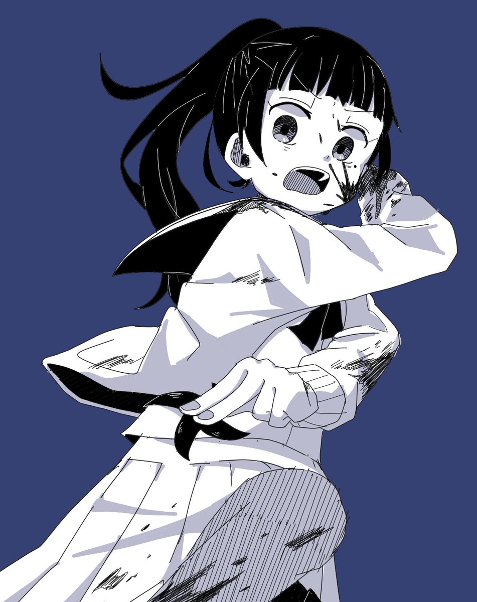 1girl, 4-nin_wa_sorezore_uso_o_tsuku, bangs, blood, blood_splatter, blue_background, blunt_bangs, chiyo_(nin_wa_sorezore_uso_o_tsuku), eis_hrmski, fingernails, greyscale_with_colored_background, highres, jacket, long_sleeves, looking_at_viewer, neckerchief, open_mouth, pantyhose, pleated_skirt, ponytail, school_uniform, serafuku, simple_background, skirt, solo, wide-eyed