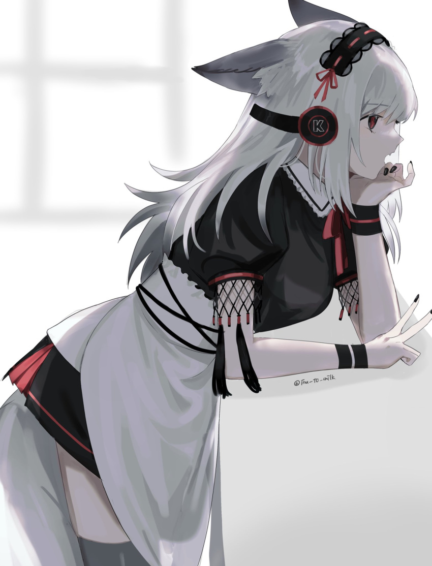 alternate_costume, animal_ears, apron, arknights, black_hairband, black_nails, black_shirt, black_skirt, breasts, cowboy_shot, enmaided, fang, fox_ears, fox_girl, fox_tail, from_side, frostleaf_(arknights), grey_hair, hairband, head_rest, headphones, highres, implied_extra_ears, inu_to_milk, leaning_forward, long_hair, maid, maid_apron, open_mouth, profile, red_eyes, red_ribbon, ribbon, shirt, short_sleeves, skirt, small_breasts, tail, twitter_username, v, white_apron, window