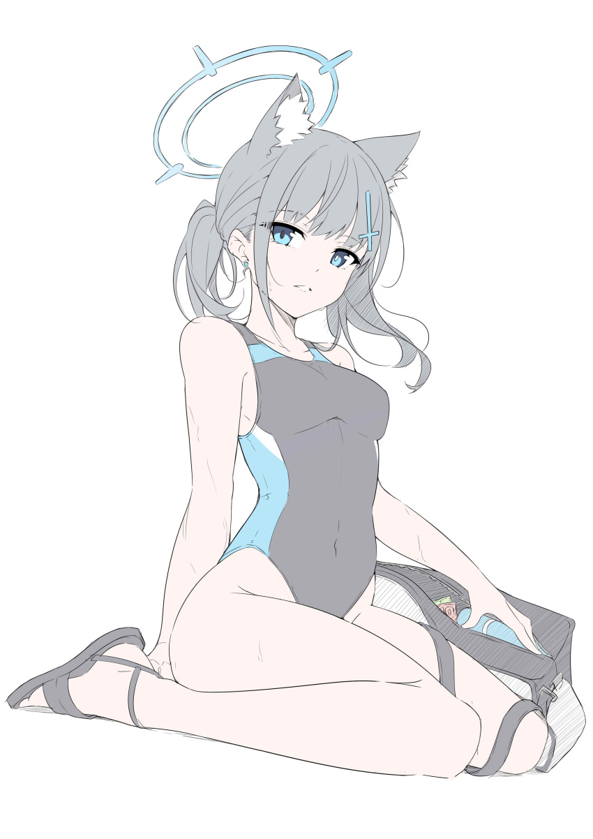 absurdres, animal_ear_fluff, animal_ears, black_one-piece_swimsuit, blue_archive, blue_eyes, competition_swimsuit, cross