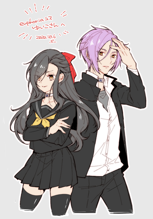2boys, black_hair, black_serafuku, black_thighhighs, bow, buu_(buu02), collar, collarbone