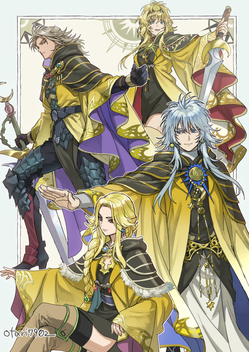 2boys, 2girls, blonde_hair, braid, braided_ponytail, dual_persona, greatsword, high_ponytail