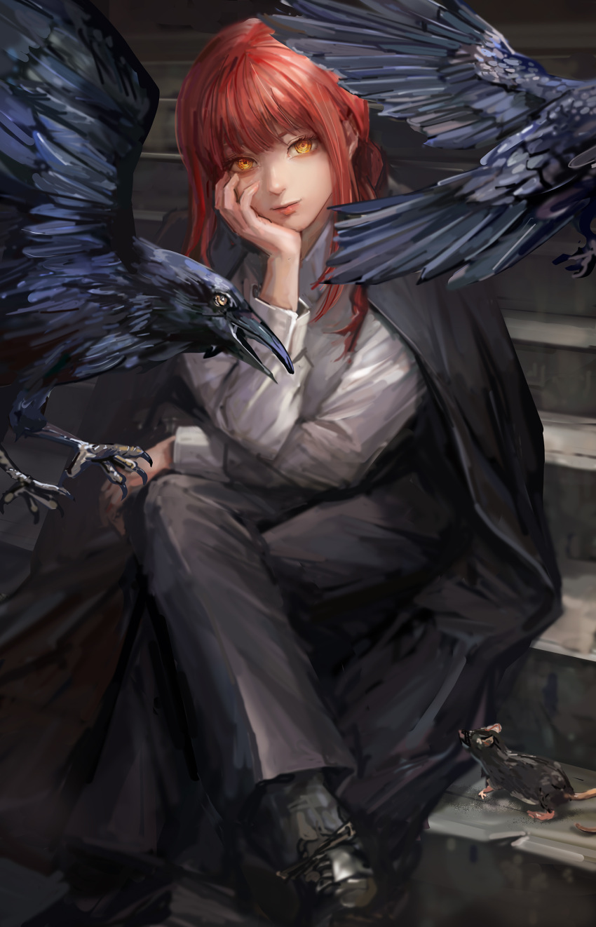 1girl, absurdres, bangs, bird, black_coat, black_footwear, black_pants, chainsaw_man