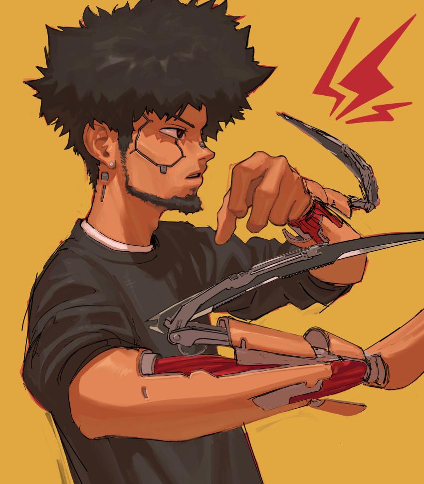 1boy, absurdres, afro, arm_blade, beard, black_shirt, commentary, cyberpunk, cyberpunk_(series), cyberpunk_2077, cyborg, edpan, english_commentary, facial_hair, from_side, highres, joints, lightning_bolt_symbol, looking_ahead, male_focus, mantis_blades_(cyberpunk), mechanical_arms, parted_lips, port_in_body, red_eyes, robot_joints, science_fiction, shirt, solo, t-shirt, weapon, wrist_blades, yellow_background