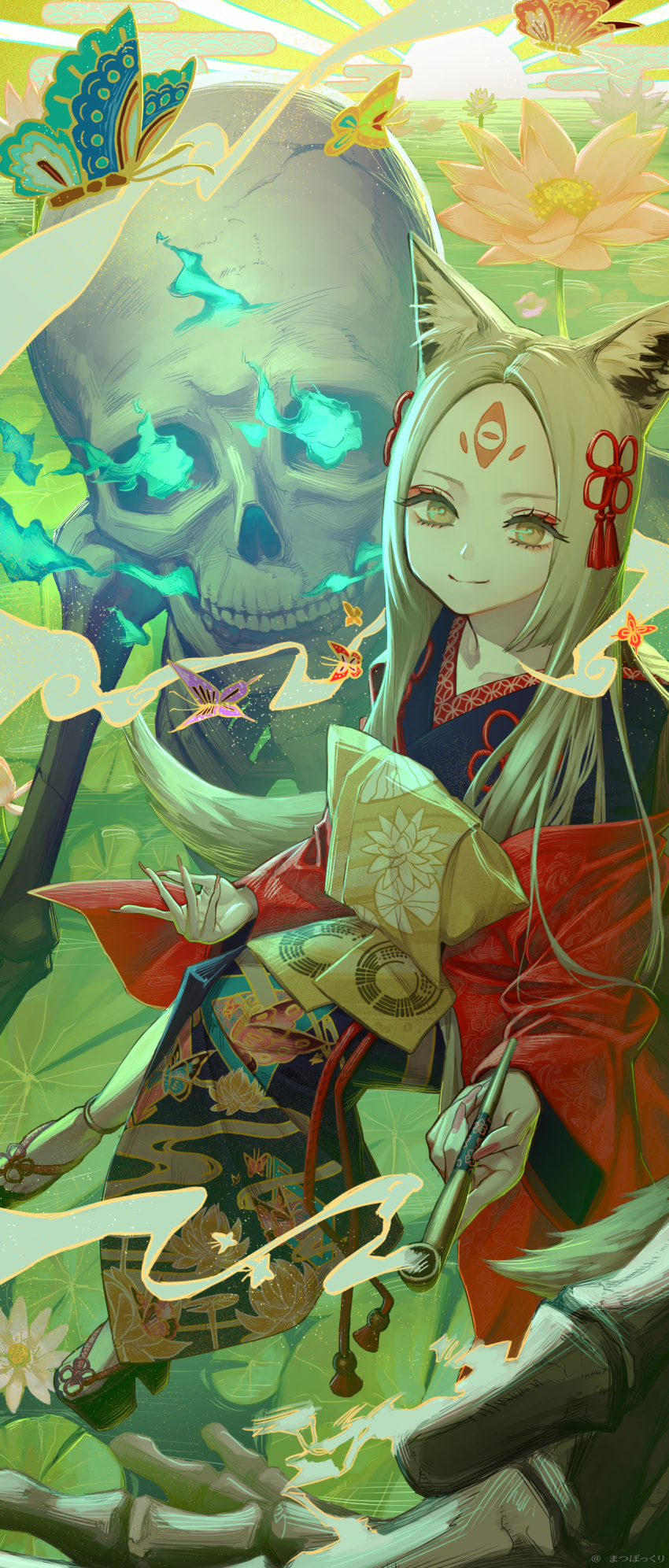 1girl, absurdres, animal_ear_fluff, animal_ears, blonde_hair, blue_fire, bug, butterfly