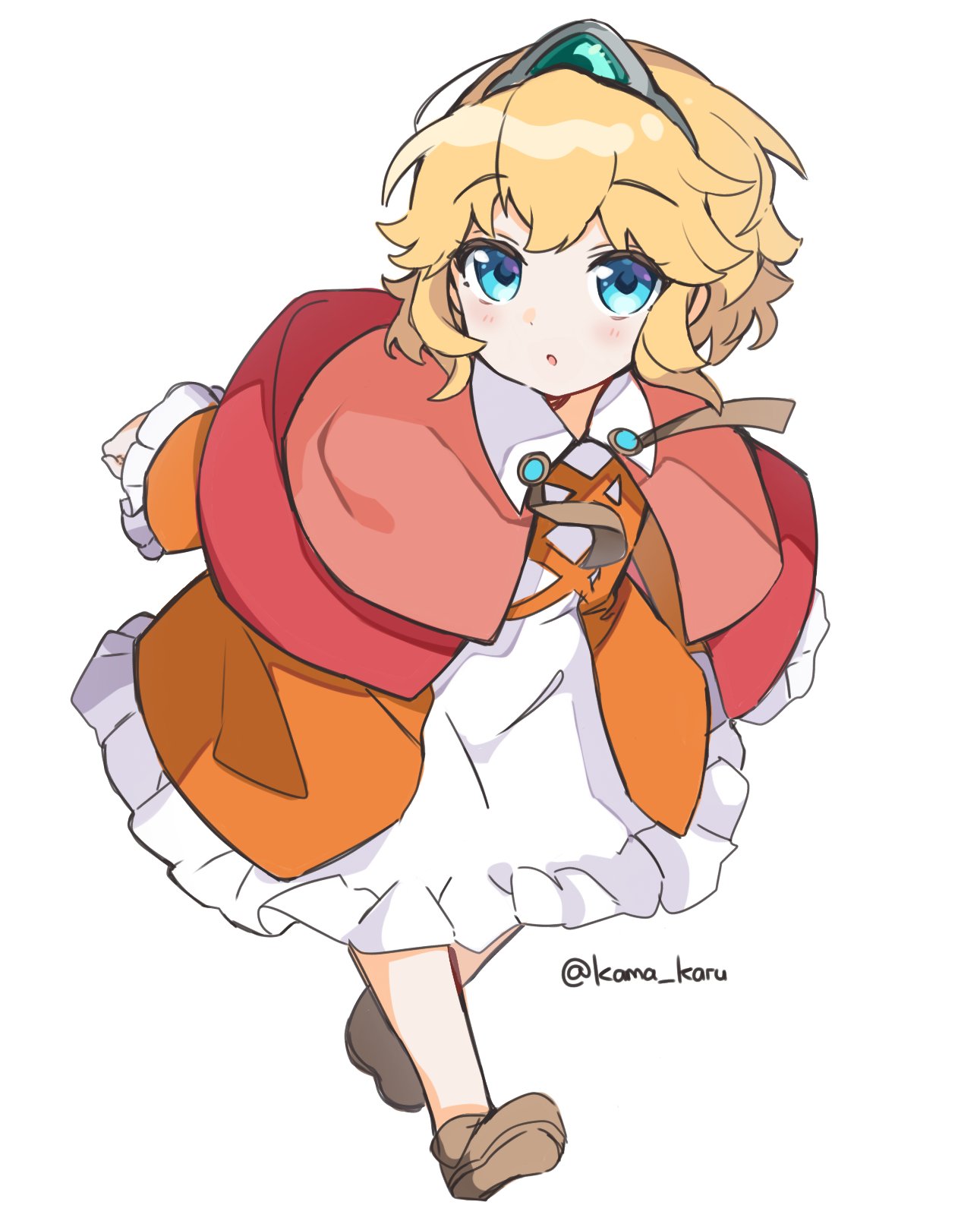 1girl, arms_up, blonde_hair, blue_eyes, brown_footwear, curly_hair, dress, guardian_tales
