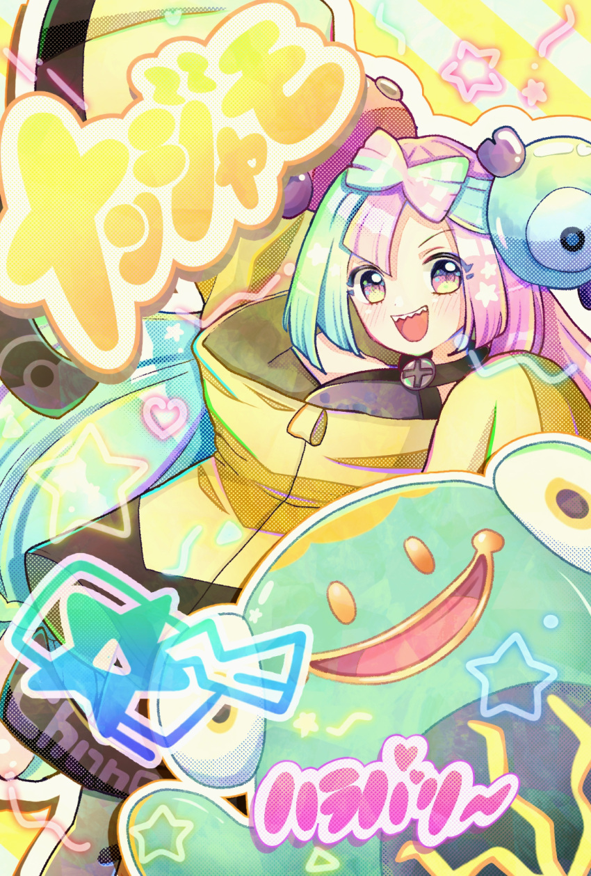 1girl, :d, bangs, bellibolt, blush, chanon, character_hair_ornament, commentary_request, green_hair, grey_shirt, hair_ornament, happy, highres, iono_(pokemon), jacket, long_hair, looking_at_viewer, open_mouth, pokemon, pokemon_(creature), pokemon_(game), pokemon_sv, purple_hair, sharp_teeth, shirt, sleeveless, sleeveless_shirt, smile, star_(symbol), teeth, tongue, upper_teeth, yellow_jacket