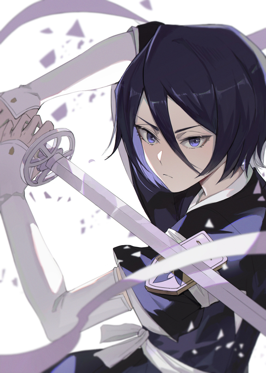1girl, absurdres, badge, black_hair, black_kimono, bleach, closed_mouth, elbow_gloves