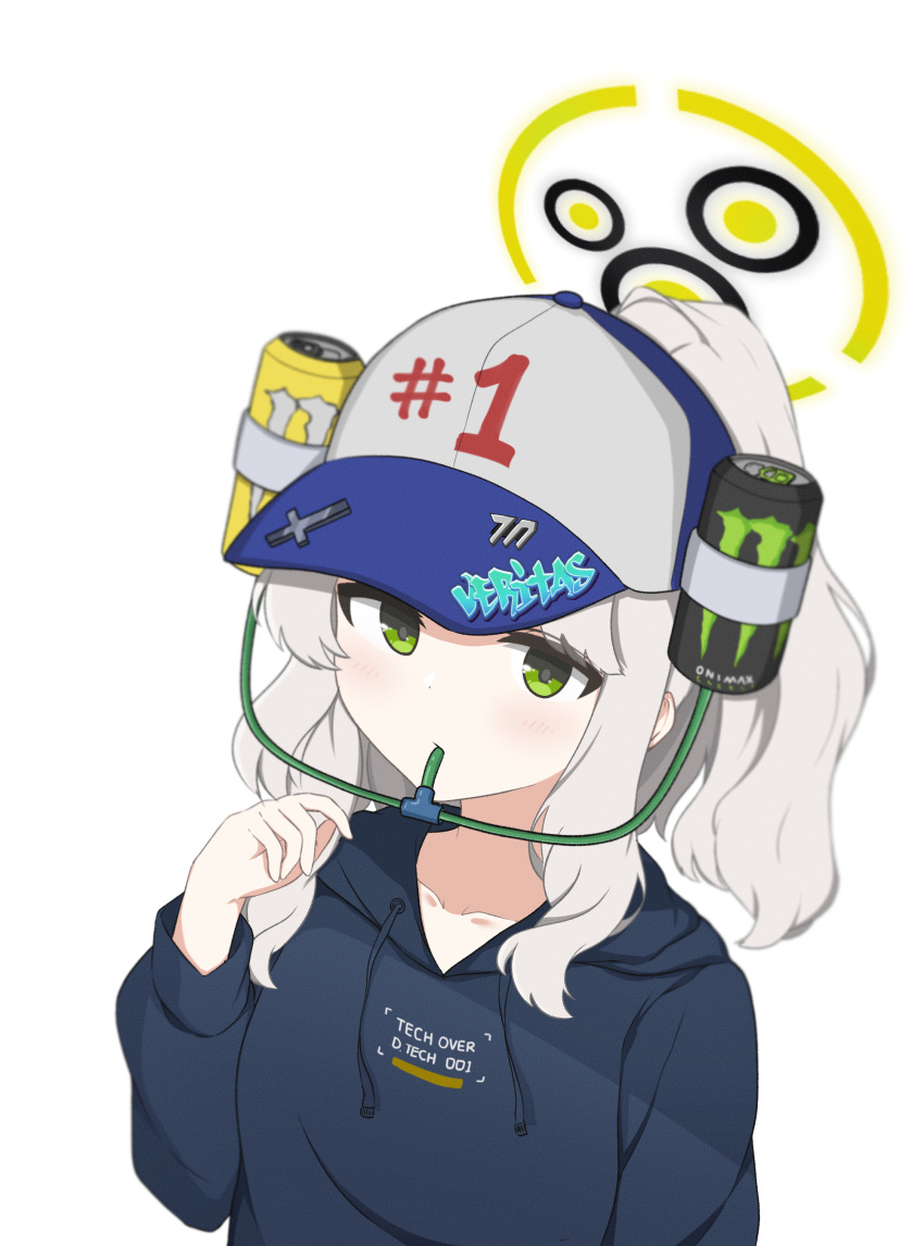 1girl, absurdres, baseball_cap, beer_hat, blue_archive, blue_hoodie, collarbone, commentary
