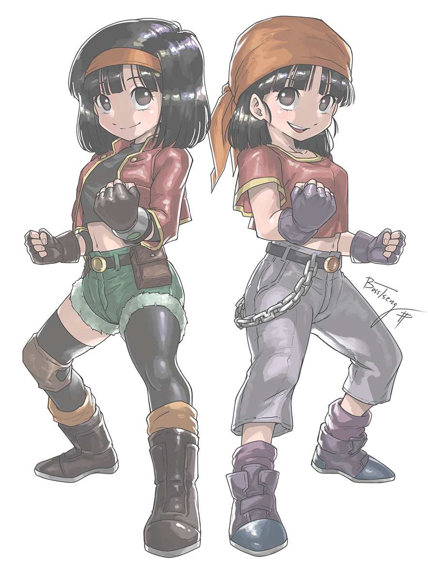 2girls, asymmetrical_legwear, bandana, black_eyes, black_hair, boots, bosstseng, chain