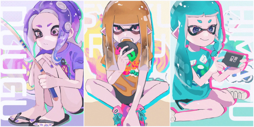 3girls, asymmetrical_hair, bangs, black_shorts, blue_hair, blunt_bangs, braid, closed_mouth, fangs, fingernails, fishing_rod, food, hand_on_own_knee, hand_up, highres, holding, holding_fishing_rod, holding_food, inkling, inkling_girl, long_hair, multiple_girls, nail_polish, nintendo_switch, octarian, octoling, octoling_girl, open_mouth, orange_hair, orange_shirt, pink_eyes, pink_footwear, playing_games, pointy_ears, purple_hair, purple_nails, purple_shirt, sandals, shiroma_ruka, shirt, shoelaces, shoes, short_sleeves, shorts, silhouette, single_vertical_stripe, sitting, smile, splatoon_(series), splatoon_3, suction_cups, t-shirt, teeth, tentacle_hair, toenail_polish, toenails, uneven_eyes, violet_eyes