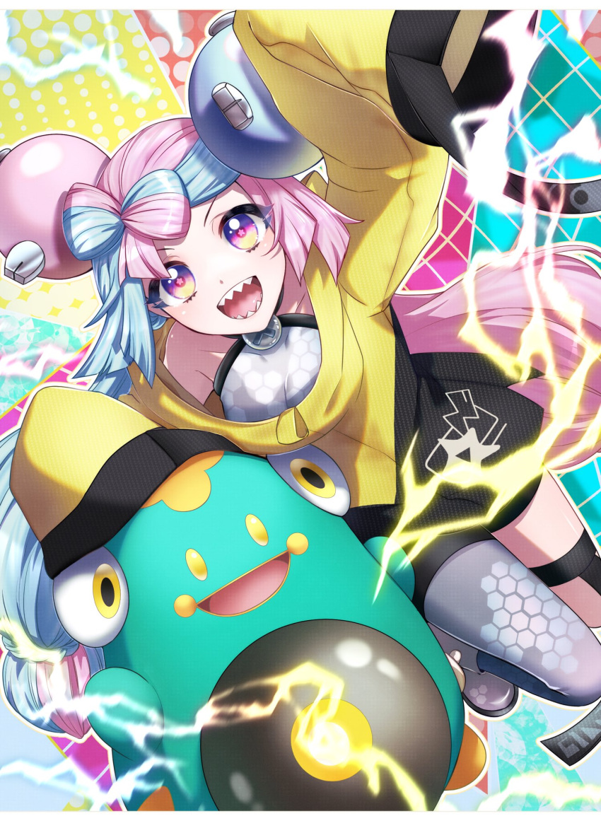 1girl, :d, arm_up, bangs, bellibolt, black_shorts, blue_hair, character_hair_ornament