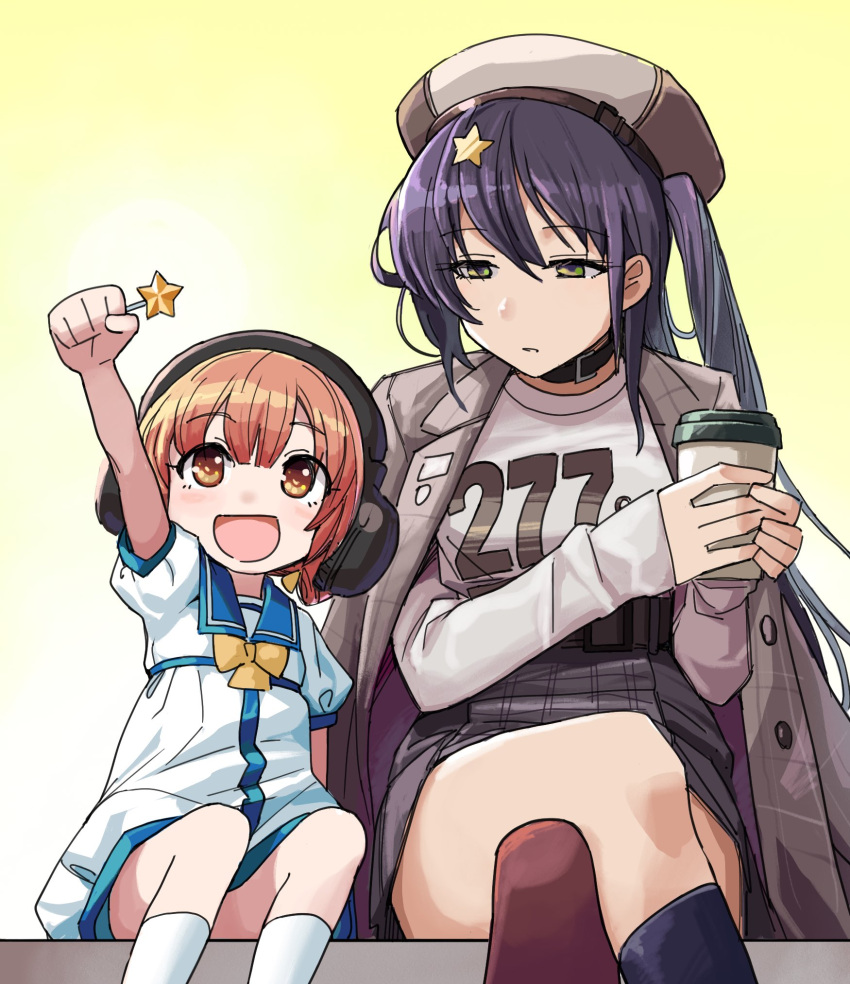 2girls, beret, black_hair, blue_sailor_collar, bow, brown_eyes, brown_hair, candy
