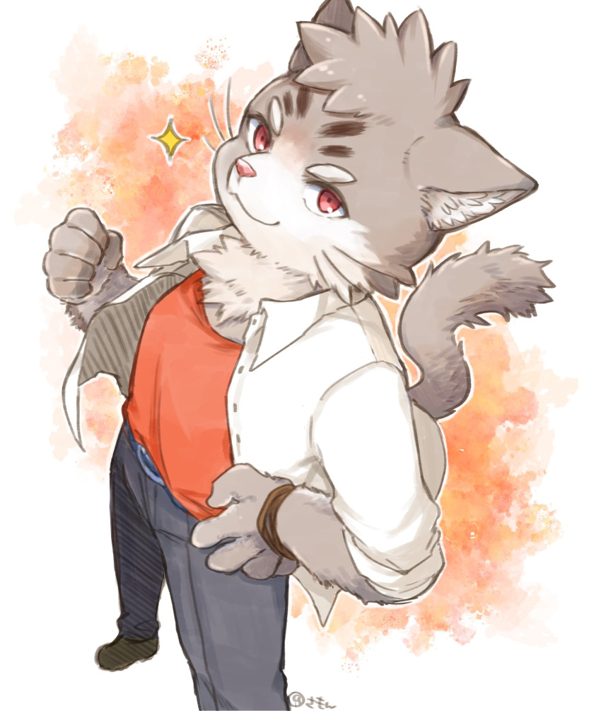 1boy, animal_ears, belt, bracelet, cat_boy, cat_ears, cat_tail, clenched_hand