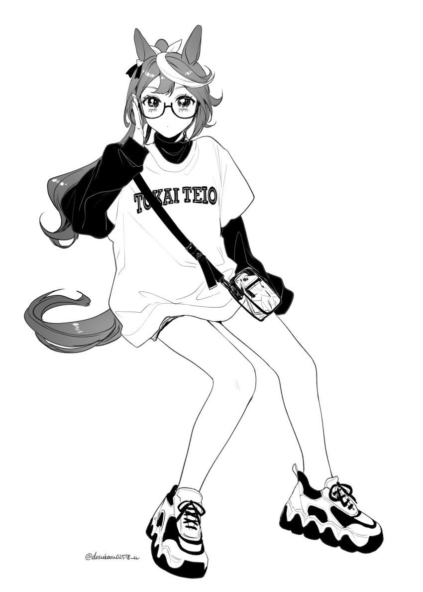 1girl, :o, adjusting_eyewear, animal_ears, bag, bangs, bespectacled, character_name