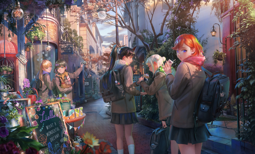 5girls, animal, arashi_chisato, backpack, bag, bangs, black_hair, blonde_hair, blue_eyes, bow, brown_coat, building, chalkboard_sign, clouds, coat, dog, double_bun, drinking_straw, flower, food, green_eyes, hair_behind_ear, hair_bow, hair_bun, hairband, hazuki_ren, heanna_sumire, high_ponytail, highres, holding, holding_animal, holding_dog, holding_phone, hood, hoodie, juice_box, lamp, lamppost, leaf, light_brown_hair, long_hair, looking_back, love_live!, love_live!_superstar!!, medium_hair, multiple_girls, namako_mikan, orange_hair, outdoors, parfait, parted_bangs, phone, pink_hoodie, pleated_skirt, red_eyes, scar, scarf, scenery, school_uniform, shibuya_kanon, short_bangs, sign, single_sidelock, skirt, sky, socks, tang_keke, tree, violet_eyes, walkway, white_hair, white_socks, yellow_eyes, yuigaoka_school_uniform