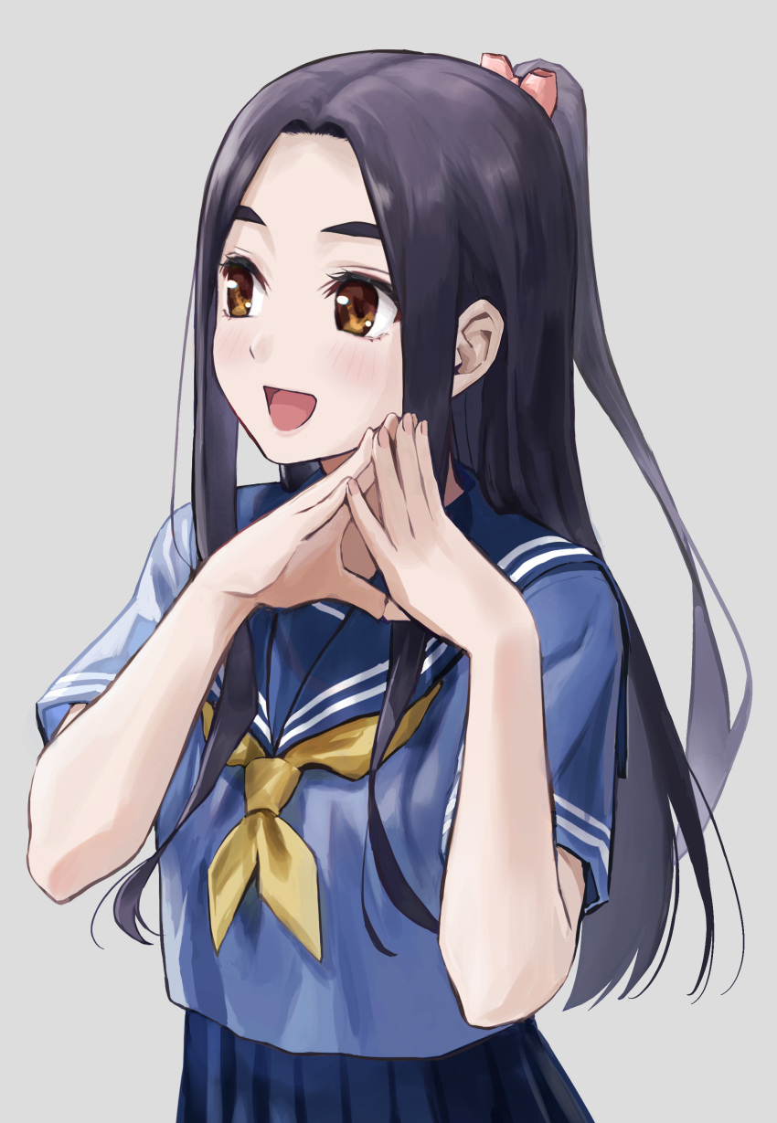 1girl, :d, absurdres, bangs, black_hair, blue_sailor_collar, blue_serafuku, blue_skirt
