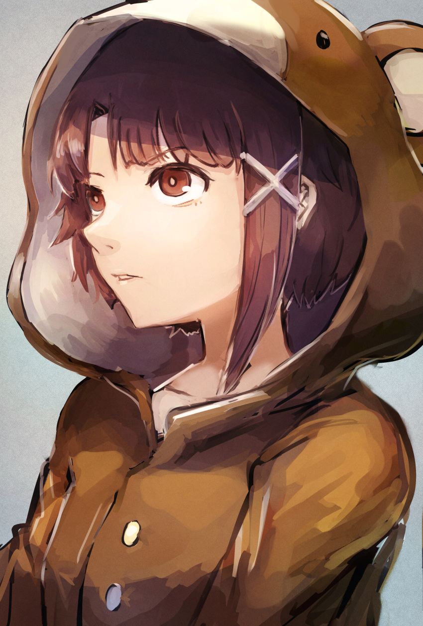 1girl, absurdres, animal_costume, asymmetrical_hair, bangs, bear_costume, brown_eyes, brown_hair, hair_ornament, hairclip, hatano_kiyoshi, highres, iwakura_lain, looking_to_the_side, portrait, serial_experiments_lain, short_hair, single_sidelock, x_hair_ornament