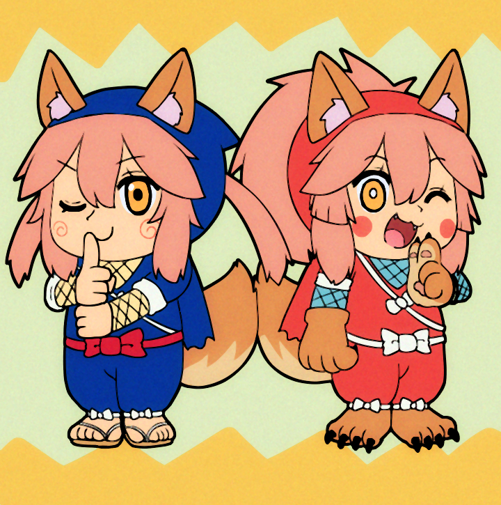2girls, :3, :d, animal_ear_fluff, animal_ears, animal_feet, animal_hands, blush