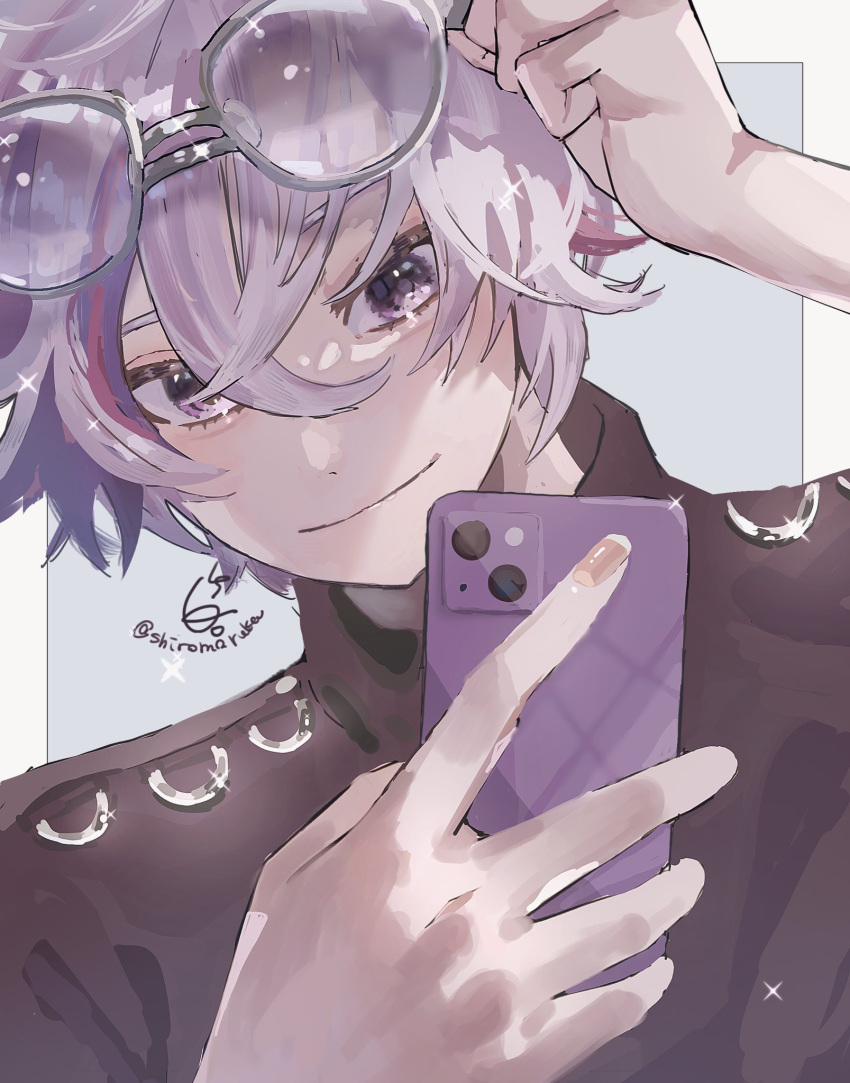 1boy, bangs, cellphone, closed_mouth, crossed_bangs, eyewear_on_head, fuwa_minato, glasses