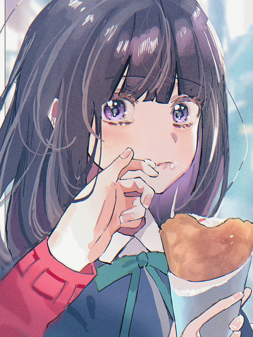 2girls, aqua_ribbon, bangs, black_hair, closed_mouth, fingernails, food, food_on_face, highres, inoue_takina, long_hair, long_sleeves, lycoris_recoil, multiple_girls, nishikigi_chisato, ribbon, shiroma_ruka, solo, solo_focus, upper_body, violet_eyes, wiping_face