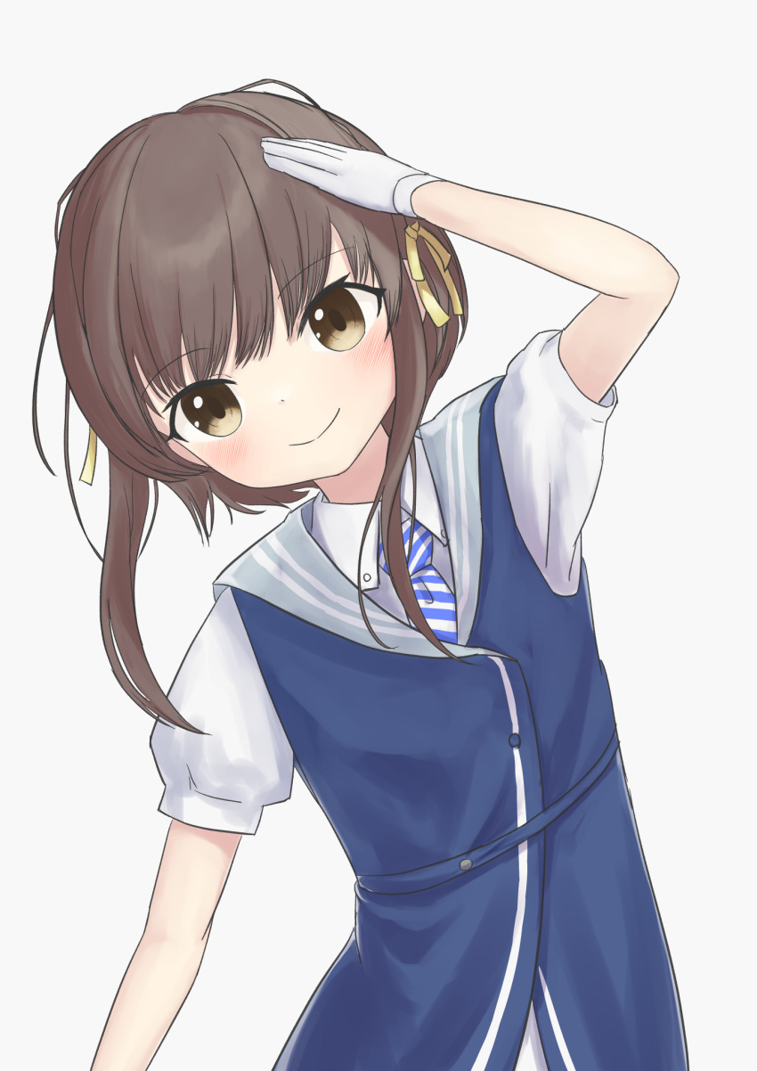 1girl, black_hair, blue_dress, brown_eyes, commentary_request, cowboy_shot, diagonal-striped_necktie, dress