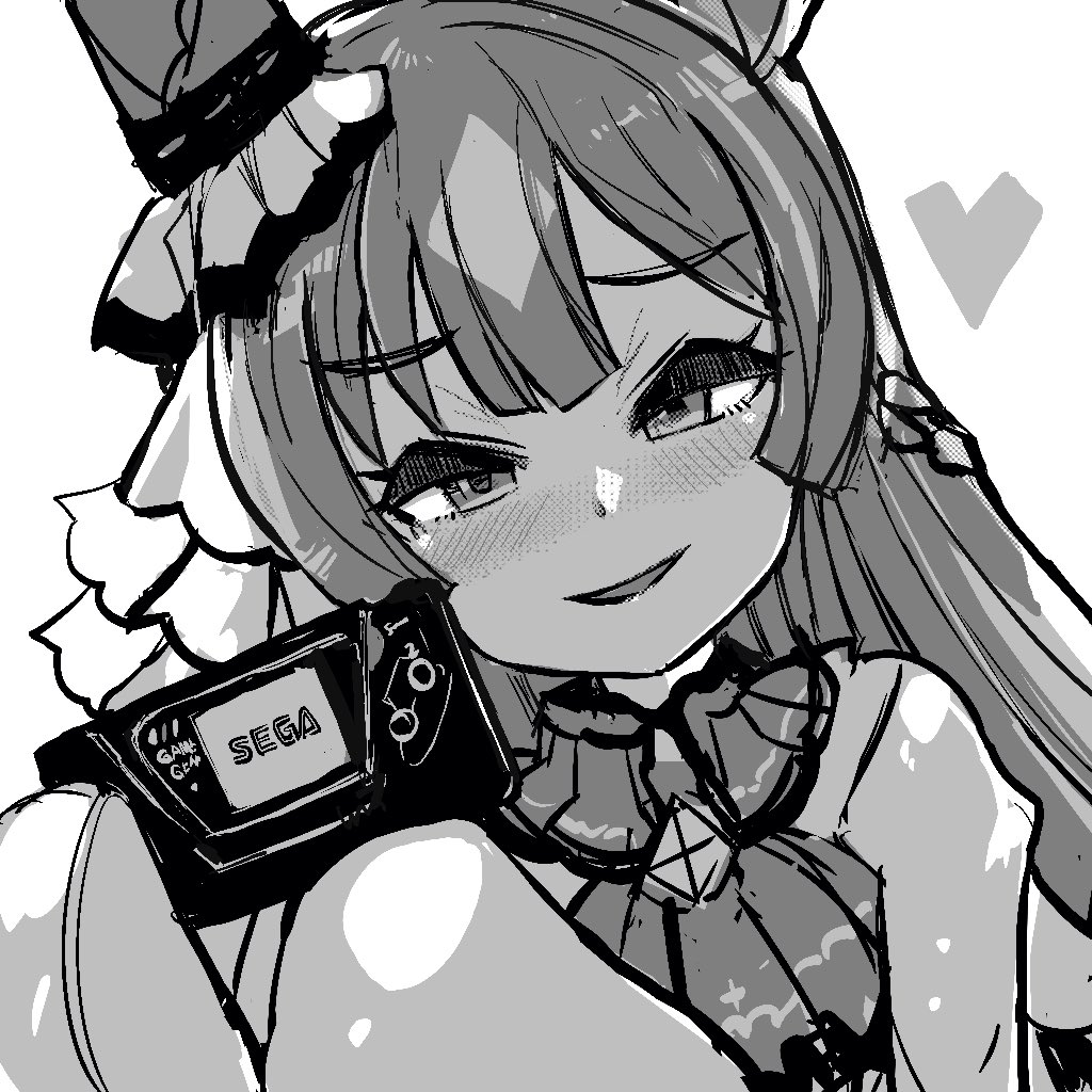 1girl, animal_ears, bangs, blush, commentary, dress, ear_ornament, handheld_game_console