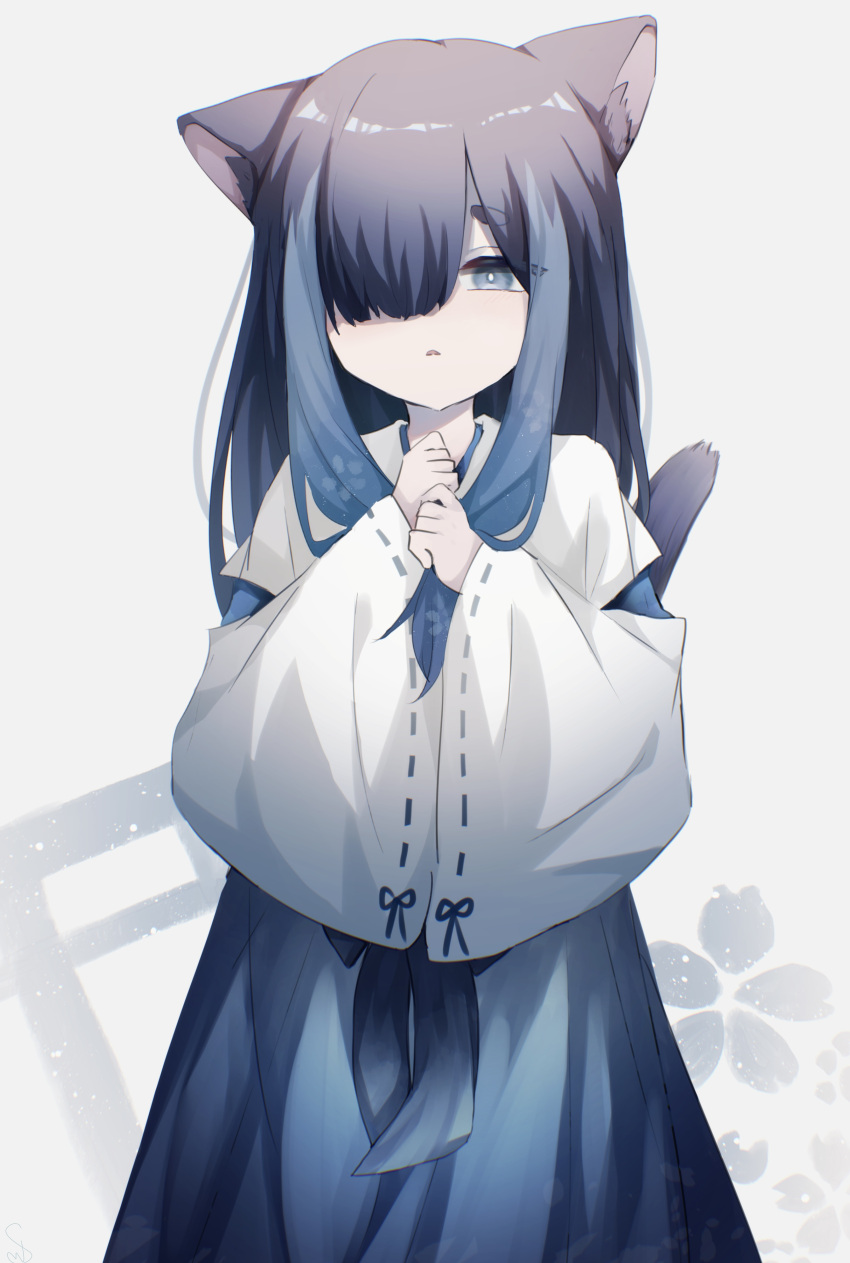 1boy, absurdres, animal_ears, black_hair, blue_hair, blue_hakama, cat_boy, cat_ears