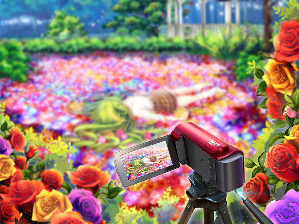 1girl, alina_gray, flower, garden, green_hair, hair_rings, long_hair, loose_socks