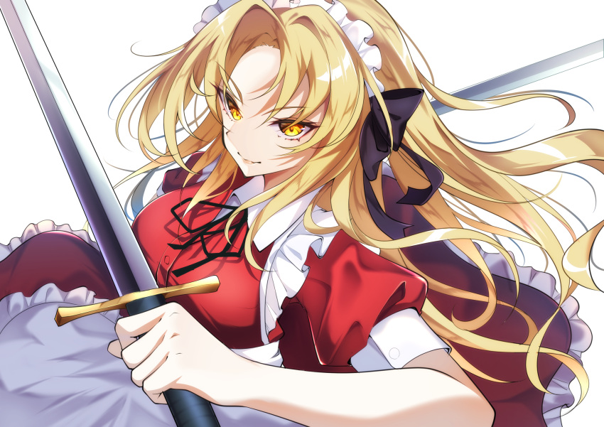1girl, apron, bangs, blonde_hair, breasts, buttons, closed_mouth, collared_shirt