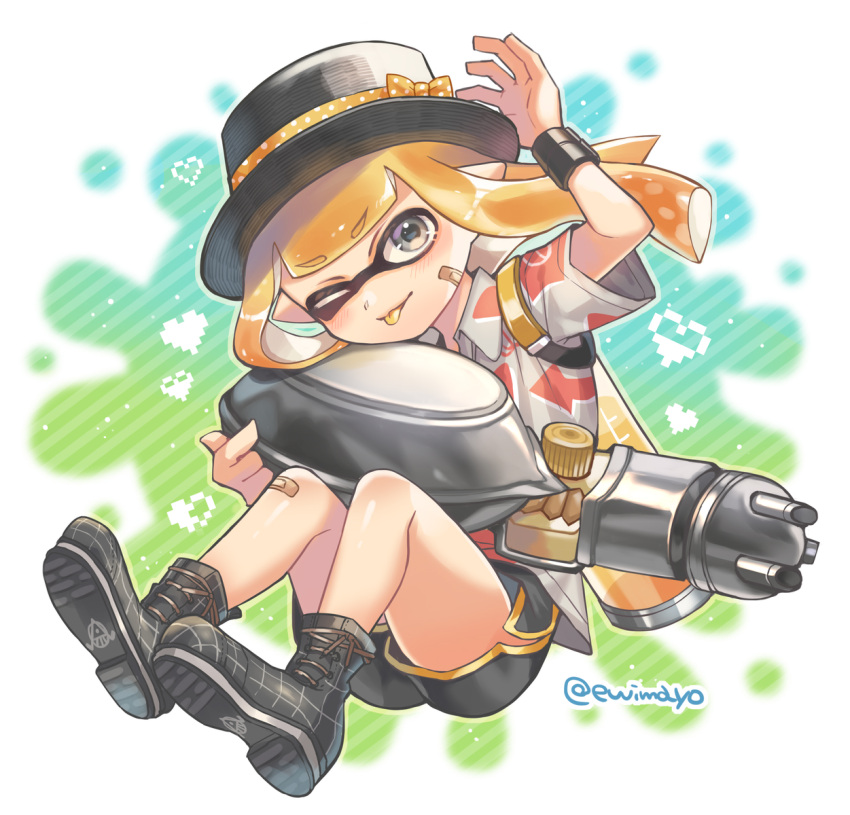 1girl, ;), arm_up, bandaid, bandaid_on_knee, bandaid_on_leg, black_footwear, black_shorts