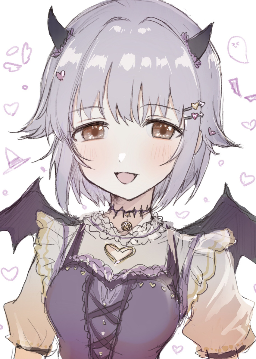 1girl, absurdres, bat_wings, black_dress, brown_eyes, choker, demon_horns, dress