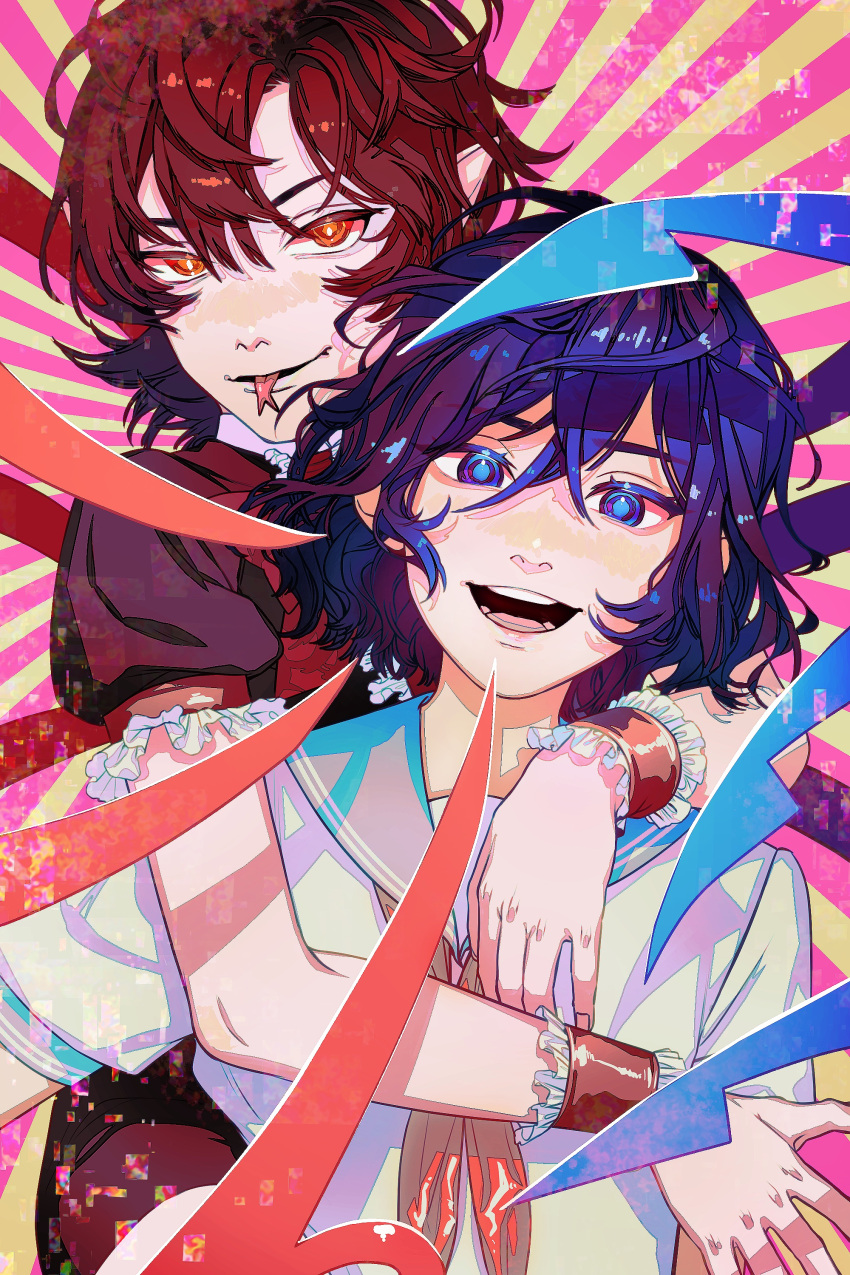 2girls, :d, absurdres, arm_around_shoulder, blue_eyes, blue_hair, brown_hair, heshiko_disco
