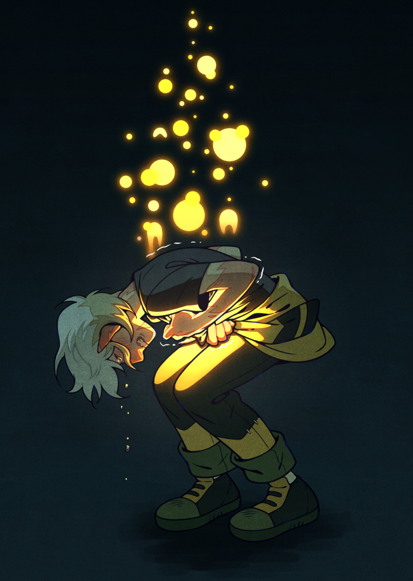 1boy, absurdres, black_background, blonde_hair, clenched_hands, clenched_teeth, head_down, highres, hunter_(the_owl_house), joey_granger, light, male_focus, pants, pointy_ears, sad, scar, scar_on_arm, scar_on_ear, scar_on_face, scar_on_neck, shirt, shoes, short_sleeves, sneakers, t-shirt, tears, teeth, the_owl_house