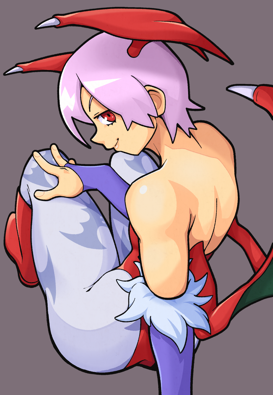 1girl, animal_print, ass, back, bangs, bat_print, bridal_gauntlets, fumphole, grey_background, hand_on_own_knee, head_wings, highres, leggings, leotard, lilith_aensland, looking_at_viewer, looking_back, pantyhose, pink_hair, red_eyes, red_footwear, red_leotard, red_wings, short_hair, sitting, smile, solo, vampire_(game), wings