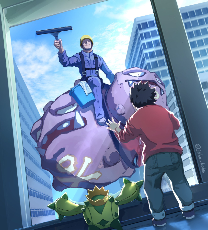 2boys, artist_name, blue_sky, bucket, building, cacnea, cleaning_windows, clouds