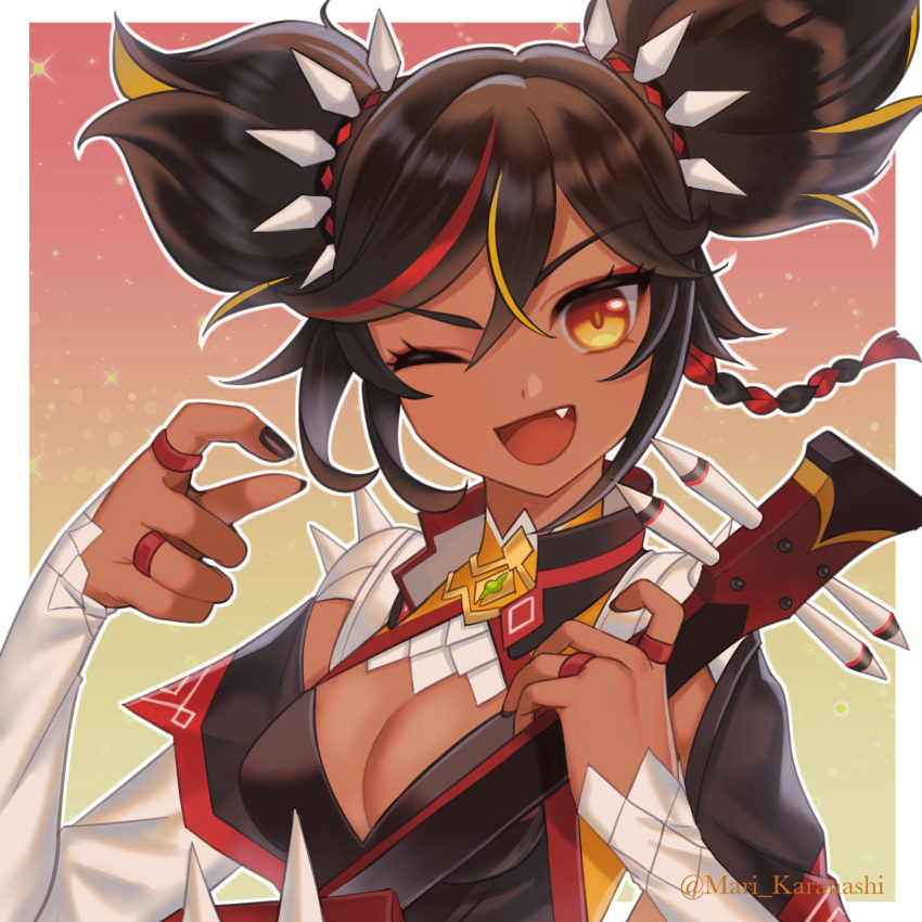 1girl, bangs, black_nails, black_shirt, border, braid, braided_ponytail, breasts