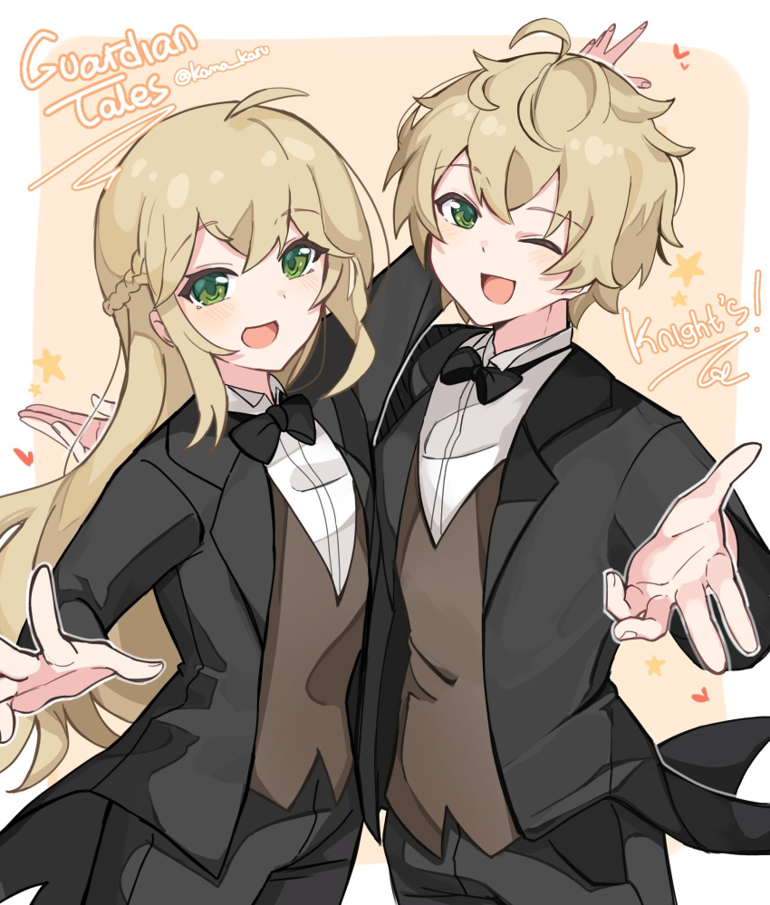 1boy, 1girl, arms_behind_back, black_suit, blonde_hair, bow, bowtie, brown_vest, curly_hair, female_knight_(guardian_tales), formal, green_eyes, guardian_tales, highres, kama_karu, male_knight_(guardian_tales), one_eye_closed, open_mouth, outstretched_arms, pants, simple_background, suit, vest