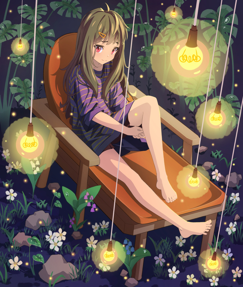 1girl, :3, absurdres, bangs, barefoot, brown_hair, brown_shorts, chair, closed_mouth, collarbone, feet, flower, full_body, g9in32, grass, hair_ornament, hairclip, hanging_light, highres, knee_up, legs, light_bulb, long_hair, original, outdoors, oversized_clothes, oversized_shirt, pink_eyes, plant, purple_shirt, rock, shadow, shirt, short_sleeves, shorts, sidelocks, sitting, solo, spread_toes, striped, striped_shirt, thighs, toes, water_drop