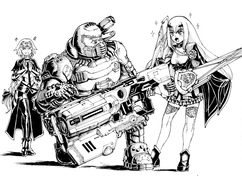 +++, 1boy, 2girls, armor, armored_dress, bfg_9000, boots, bow