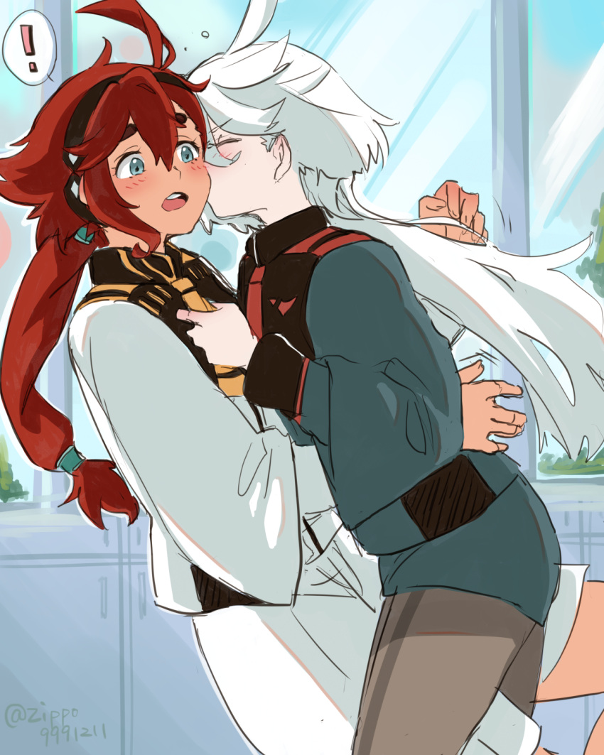 !, 2girls, ahoge, artist_name, blush, closed_eyes, day, green_eyes