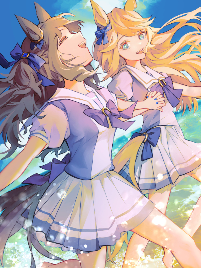 2girls, animal_ears, barefoot, blonde_hair, bow, bowtie, brown_hair, closed_eyes