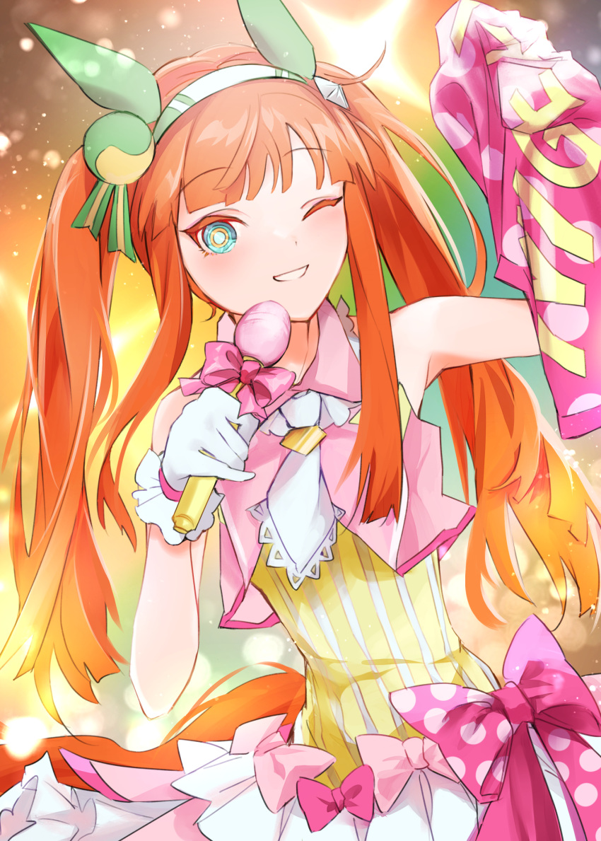 1girl, alternate_costume, animal_ears, bangs, bare_shoulders, blurry, bokeh, collared_shirt, depth_of_field, gloves, green_eyes, hairband, hand_up, highres, holding, holding_microphone, horse_ears, horse_girl, horse_tail, light_brown_hair, long_hair, looking_at_viewer, microphone, moffumoto, necktie, one_eye_closed, open_mouth, pink_shirt, shirt, silence_suzuka_(umamusume), sleeveless, sleeveless_shirt, smile, solo, tail, twintails, umamusume, upper_body, white_gloves, white_necktie