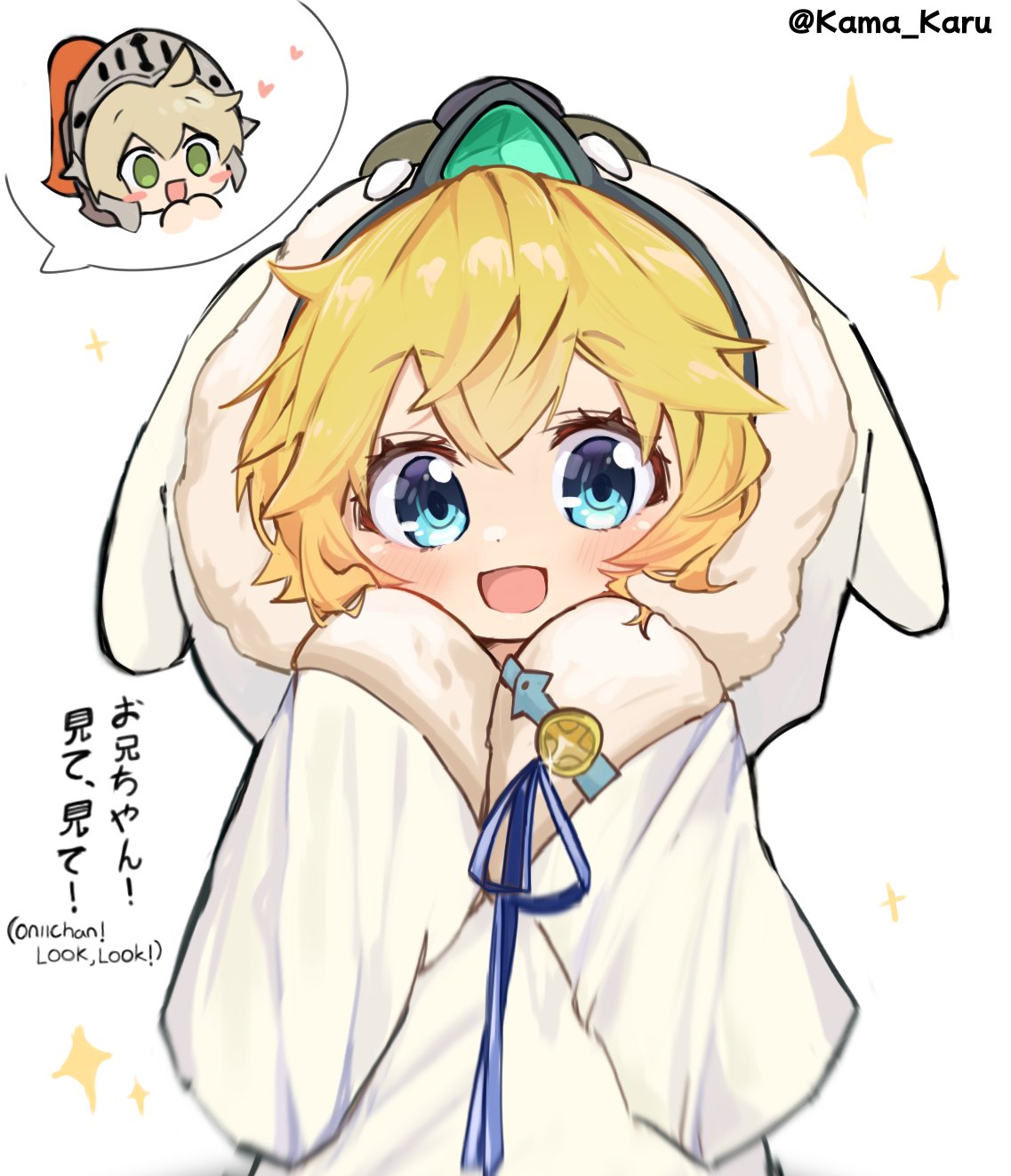 bangs, blonde_hair, blue_eyes, blue_ribbon, chibi, crossed_bangs, curly_hair, gem