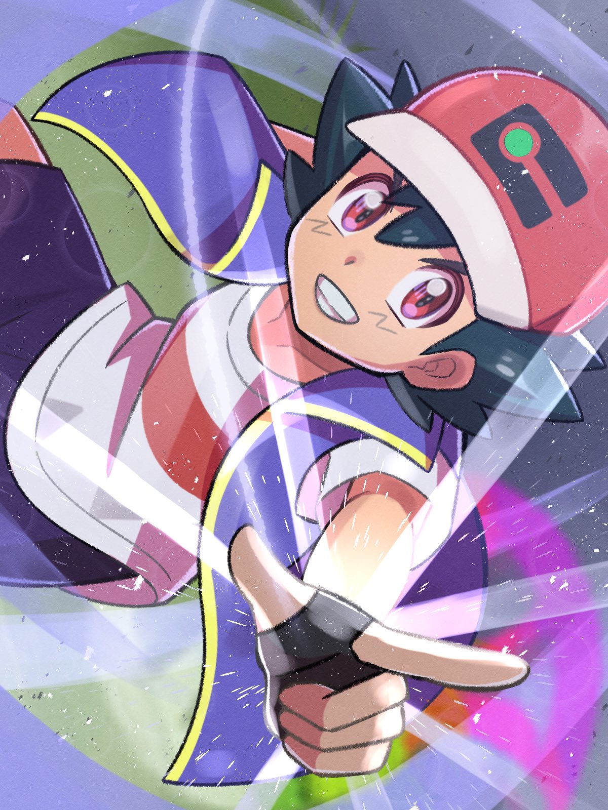 1boy, ash_ketchum, baseball_cap, collarbone, fingerless_gloves, gloves, glowing, hat