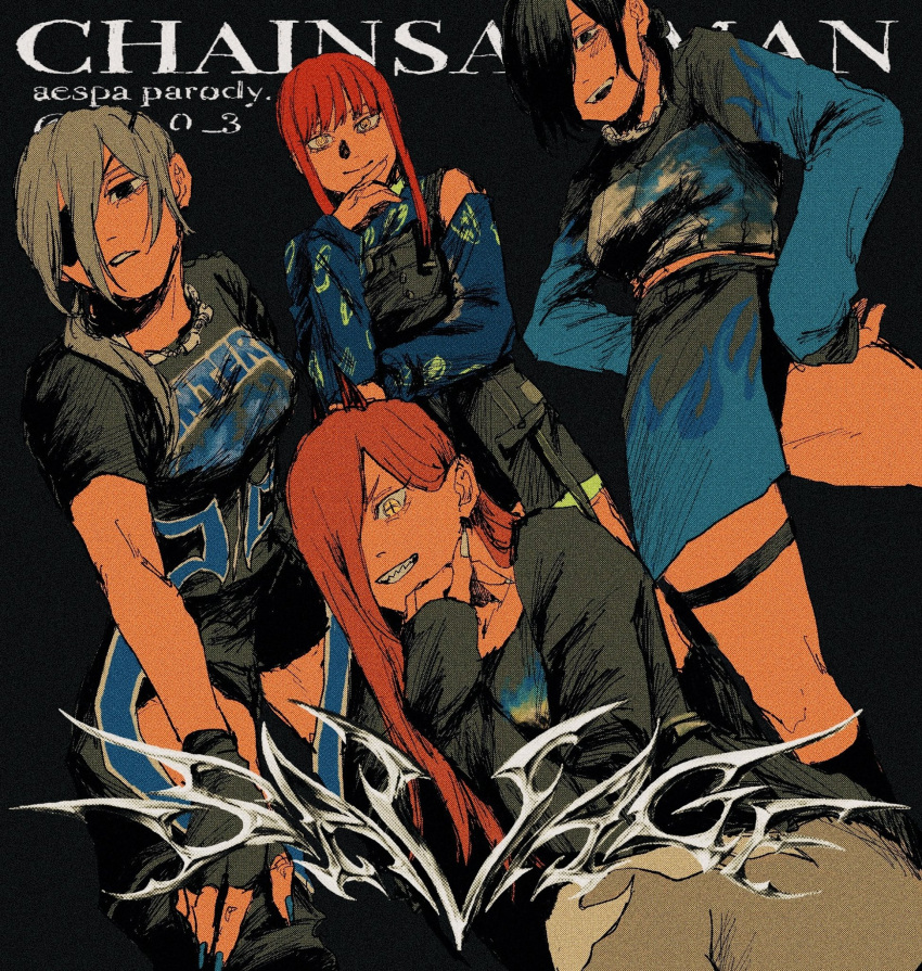 4girls, aespa, black_background, black_hair, black_shirt, breasts, chainsaw_man, cross-shaped_pupils, eyepatch, fingerless_gloves, gloves, grey_hair, hair_over_one_eye, highres, long_hair, looking_at_viewer, makima_(chainsaw_man), medium_breasts, medium_hair, multiple_girls, nail_polish, open_mouth, parody, power_(chainsaw_man), quanxi_(chainsaw_man), redhead, reze_(chainsaw_man), sharp_teeth, shirt, side_ponytail, side_slit, simple_background, smile, teeth, thigh_strap, white_hair, yellow_eyes, yukinoko_0_3