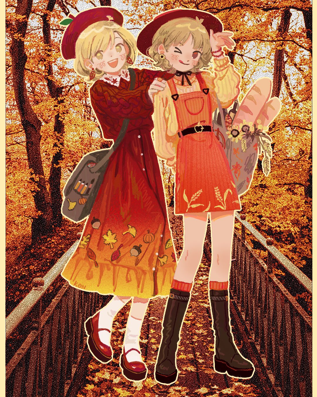 2girls, :d, ;p, acorn_print, aki_minoriko, aki_shizuha, apple_buckle, aran_sweater, autumn, autumn_leaves, bag, belt, beret, black_belt, black_ribbon, blonde_hair, blush, blush_stickers, boots, brown_footwear, colored_pencil, dot_nose, earrings, forest, ginkgo_hair_ornament, gradient_skirt, hat, highres, jewelry, k0nfette, knee_boots, kneehighs, leaf_earrings, leaf_print, long_skirt, mary_janes, multiple_girls, nature, neck_ribbon, one_eye_closed, orange_overalls, overalls, paintbrush, pencil, red_eyes, red_footwear, red_headwear, red_sweater, ribbed_sweater, ribbon, ring, satchel, shoes, short_hair, shoulder_bag, skirt, smile, socks, sunflower_earring, sweater, tongue, tongue_out, touhou, wheat_print, wide_brim, yellow_eyes, yellow_sweater