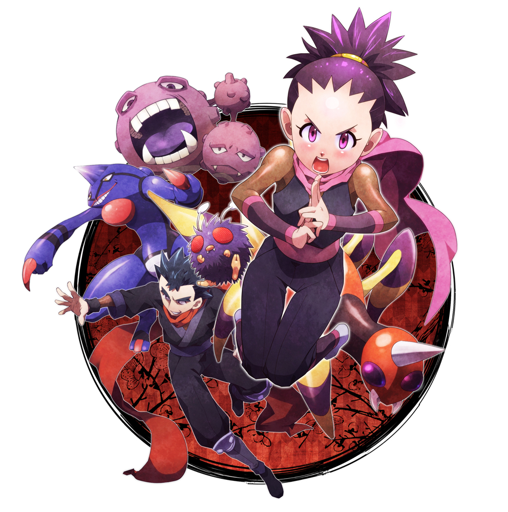 1boy, 1girl, anzu_(pokemon), ariados, black_hair, father_and_daughter, gym_leader, japanese_clothes